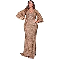 Women's Plus Size Gorgeous Sequin Dresses Flutter Sleeve Mermaid V Neck Maix Dress Floor-Length Evening Gowns