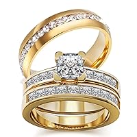 Wedding Ring Set Two Rings His Hers Couples Rings Women's 10k Yellow Gold Filled White CZ Wedding Engagement Ring Bridal Sets & Men's Stainless Steel Wedding Band