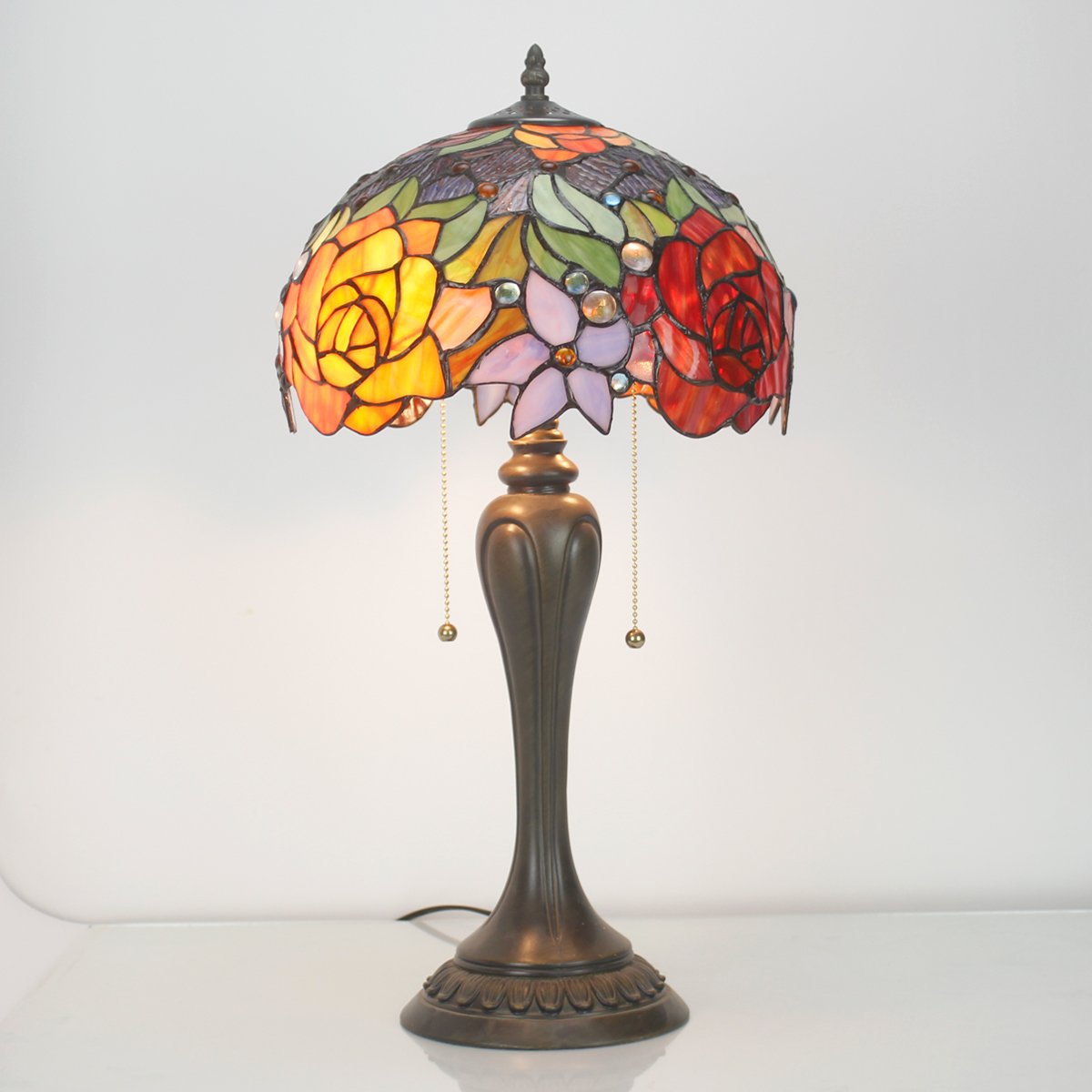 WERFACTORY Tiffany Lamp Stained Glass Table Lamp Red Rose Flower Bedside Desk Reading Light 12X12X22 Inches Decor Bedroom Living Room Home Office S001 Series