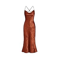 Floerns Women's Spaghetti Strap Cowl Neck Long Slip Satin Silk Midi Dress