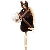 HollyHOME Outdoor Stick Horse with Wood Wheels Real Pony Neighing and Galloping Sounds Plush Toy Chocolate 36 Inches(AA Batteries Required)