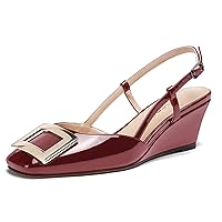 WAYDERNS Women's Square Toe Slingback Metal Rectangle Buckle Patent Wedge Low Heel Pumps Shoes 2 Inch