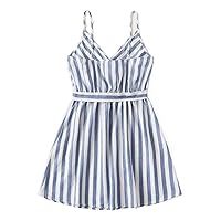Fall Dresses for Women 2023 Striped Belted Cami Mini Dress Dresses for Women (Color : Blue and White, Size : X-Small)