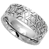 Surgical Stainless Steel 8mm Wedding Band Ring Star of David Pattern Comfort-Fit, Sizes 6-14