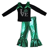 Petitebella LOVE Clover Black L/s Shirt Bling Green Pant Set for Girl 1-8y