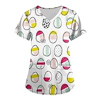 Women Easter Printing Loose Blouse Short Sleeve Summer Working Pocket Tops 2023 Comfortable V-Neck Tees T Shirts