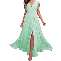 V Neck Ruffled Chiffon Prom Bridesmaid Dresses Long Formal Evening Gown with Slit