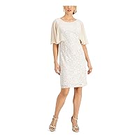 Connected Apparel Womens Beige Sequined Lace Lined Floral Flutter Sleeve Jewel Neck Above The Knee Wear to Work Sheath Dress 6