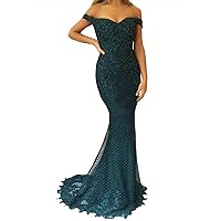 Women's Off The Shoulder Prom Dress Mermaid Lace Appliqued Evening Ball Gowns