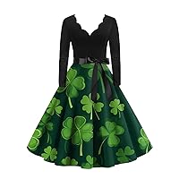 St Patricks Day Dress, Women's Vintage Classic Long Sleeve St. Patrick's Print V-Neck Swing Dress Fitted for Women Vestidos para Mujer Casuales Y Elegantes Dress Maxi Dress (XL, Green)