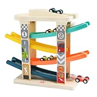 TOP Bright Toddler Wooden Race Track Car Ramp Toys for 1 2 Year Old Baby Motor Skills Race Tracks Car Ramp Vehicle Playsets with 4 Mini Cars and 1 Car Garage