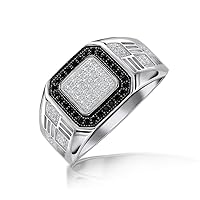 Bling Jewelry Personalize Men's Rectangle Geometric Micro Pave Halo Square Two Tone White Black CZ Cubic Zirconia Engagement Signet Statement Ring For Men .925 Sterling Silver Customizable