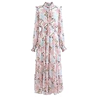 CHICWISH Women's Pink Lily Floral Blossom Self-Tied V-Neck Chiffon Maxi Dress