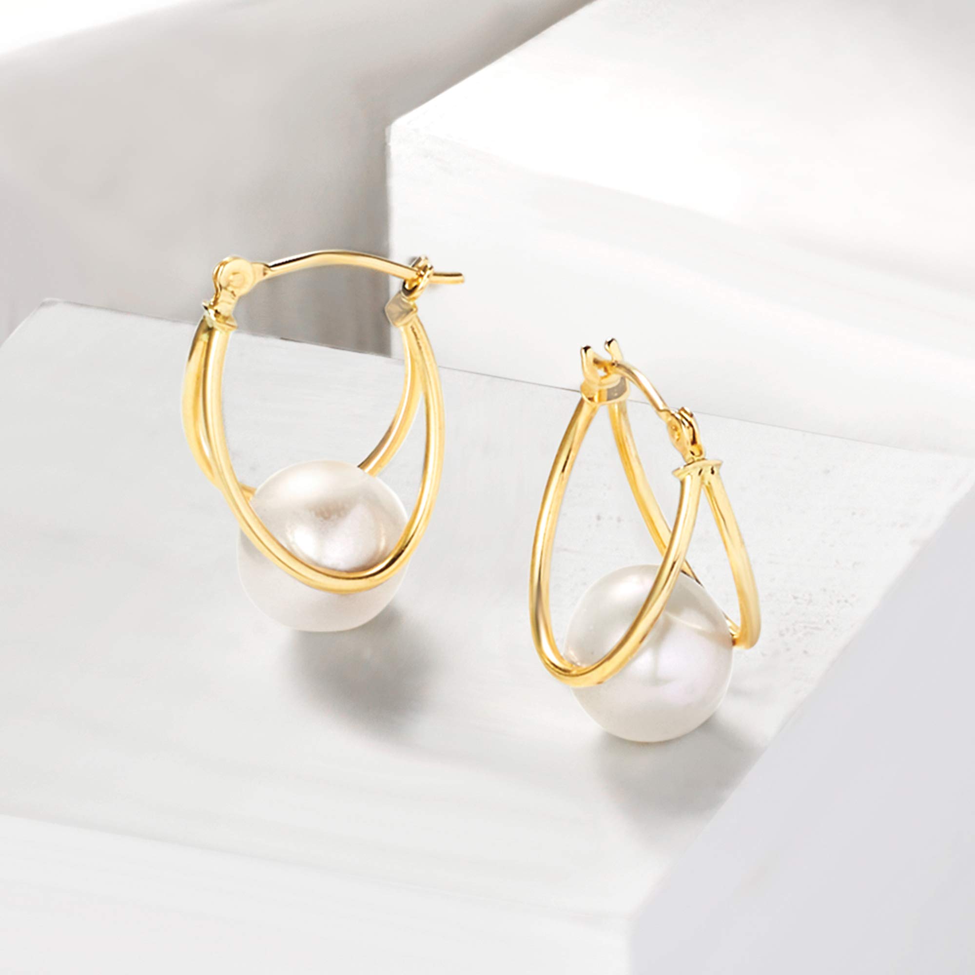Ross-Simons 8-9mm Cultured Pearl Double-Hoop Earrings in 14kt Yellow Gold. 3/4