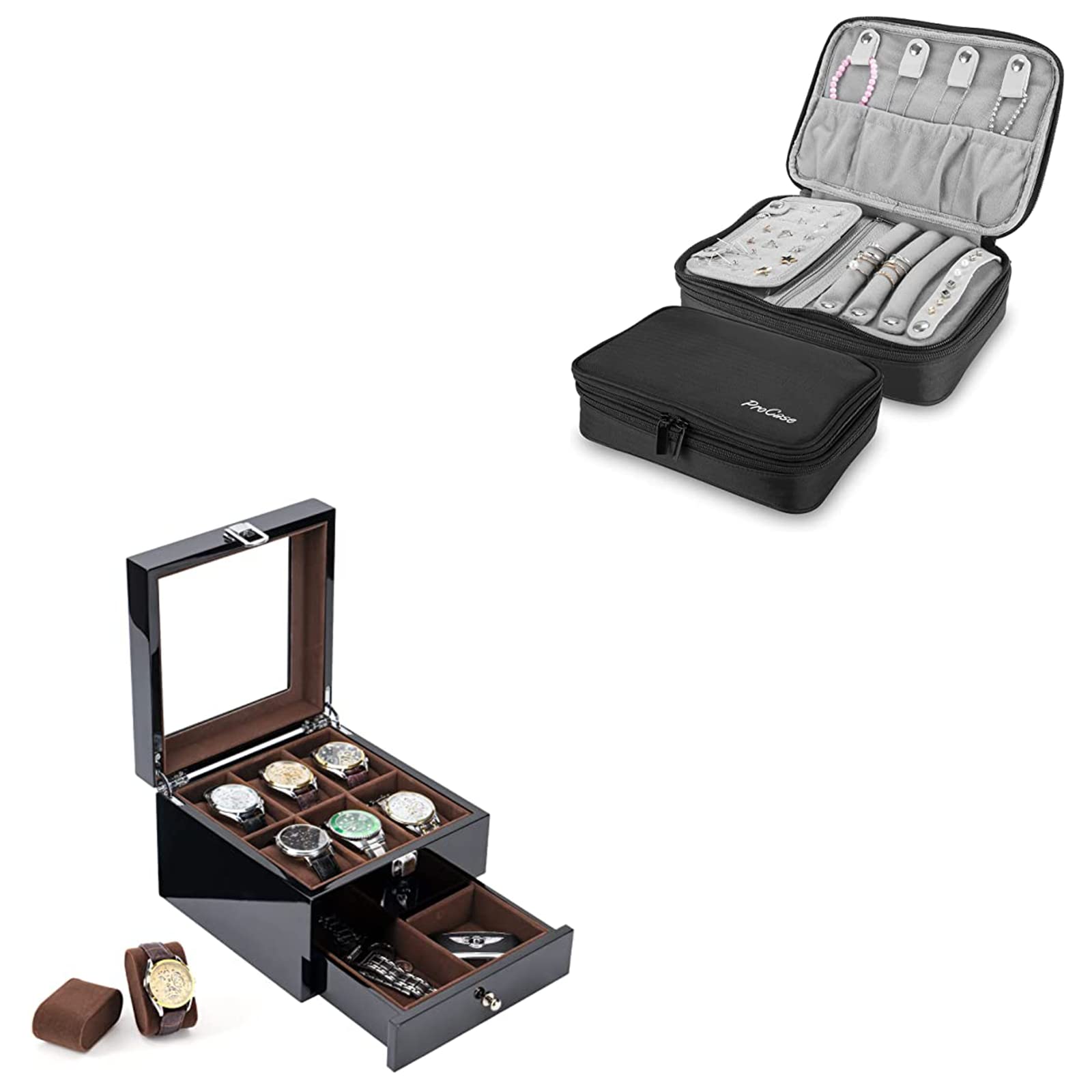 ProCase Travel Jewelry Case Bundle with 2-Tier Lacquered Display Case for Wristwatch