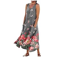 Linen Womens Dress Beach Dresses for Women 2024 Floral Print Bohemian Casual Loose Fit Flowy with Sleeveless U Neck Linen Dress Gray Small