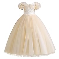 Flower Girl Tutu Dress Princess Short Puff Sleeve Maxi Floral Ruffle Long Pageant Wedding Formal Party Ball Gown