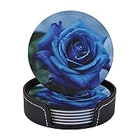 Coasters for Drinks 6 Pcs Round Leather Coasters Romantic Blue Rose Drink Coasters with Holder Waterproof Coaster Sets Heat Resistant Cup Pads Mug Cup Mats for Kitchen Bar Living Room Home Decor