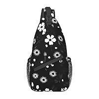 Sling Backpack,Travel Hiking Daypack Black And White Floral Print Print Rope Crossbody Shoulder Bag