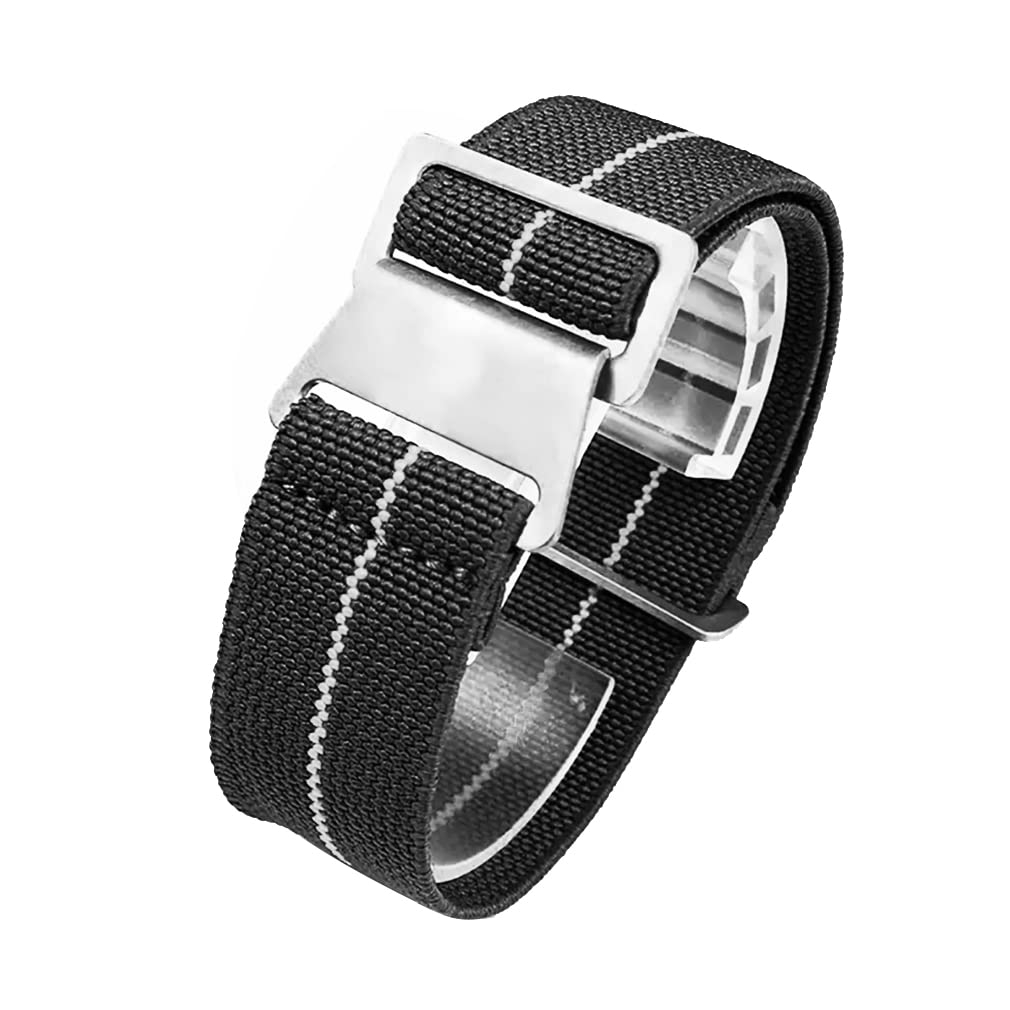 Nice Pies 60's French Troops Military Parachute Watch band Elastic Fabric Nylon Watch Strap Silver Buckle 20mm 22mm（20mm, Black）