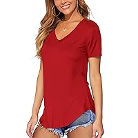 Women Shirt Long/Short Sleeve V Neck Curved Hem Tunic Tops Tshirt