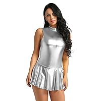 ACSUSS Women Shiny Leather Mock Neck Stand Collar Sleeveless A-line Mini Pleated Dress Clubwear Silver Small