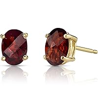 Peora Garnet Earrings for Women in 14 Karat Yellow Gold, Classic Solitaire Studs, 7x5mm Oval Shape, 2 Carats total, Friction Back