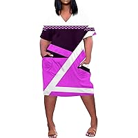 Womens Dresses Summer 2024 Summer Plus Size V Neck Short Sleeve Knee Pocket Prints Casual Dress