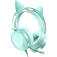 Green Gaming Headset 7.1 Surround Sound, Removable Cat Ears, Noise Cancelling Microphone, LED Light, for PC, PS5, PS4, Xbox One (Adapter Not Included)