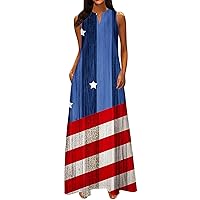 4th of July Long Dress Women V Neck Elegant Maxi Dresses USA Flag Print Casual Dress 2024 Vacation Trendy Beach Sundress