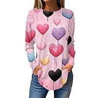 Teacher Valentines Day Shirt, Women's Fall Casual Long Sleeve Shirt Sweatshirt Valentine's Day Heart Print Top Plus