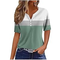 Summer Dressy Henley Shirts Womens Geometric Color Block Tops Casual Buttons V Neck Short Sleeve Pullvoer Blouses