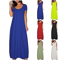Women Short Sleeve Loose Plain Casual Long Maxi Dresses with Pockets B-Blue