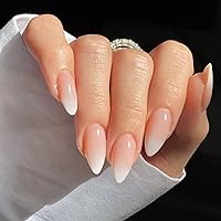 YOSOMK Gradient Nude Press on Nails Medium Almond Fake Nails Glossy Stick on Acrylic Nails Natural Ombre Glue on False Nails for Women