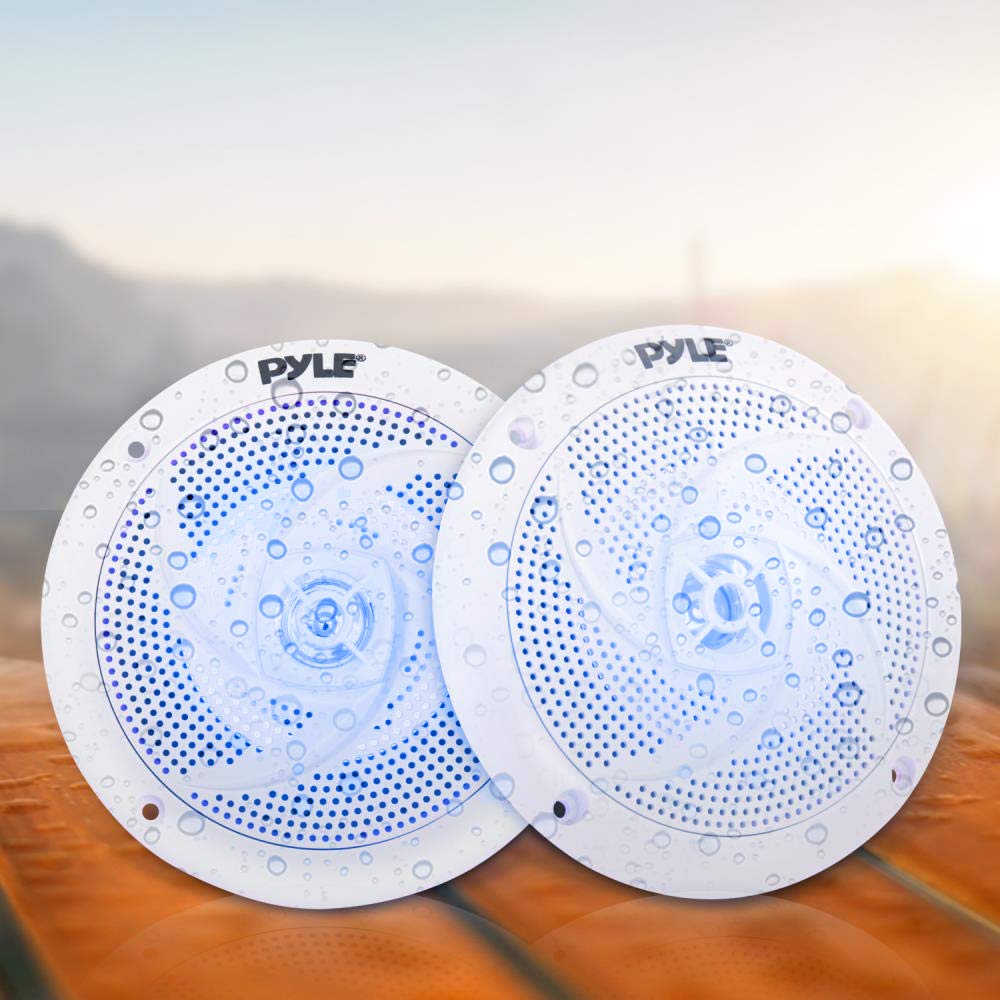 Pyle Low-Profile Waterproof Marine Speakers - 240W 6.5 Inch 2 Way 1 Pair Slim Style Waterproof Weather Resistant Outdoor Audio Stereo Sound System w/ Blue Illuminating LED Lights - Pyle (White)