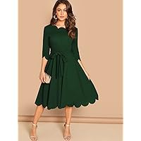 Dresses for Women Scallop Trim Tie Waist Skater Dress (Color : Dark Green, Size : Large)