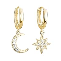 Reffeer Solid 925 Sterling Silver Moon Star Dangle Earrings Hoop for Women Teen Girls CZ Moon Star Hoop Earrings Huggie Dangle Earrings Asymmetrical