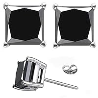 Silver Plated Princess Real Moissanite Stud Earrings (3.66 Ct,Black Color,Opaque Clarity)