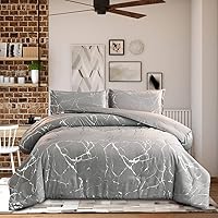 Silver Metallic Marble Comforter Set Queen Size Glitter Bedding Set, Grey/Silver
