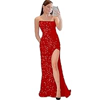 Women's Strapless Velvet Sequins Mermaid Prom Homecoming Dress 2023 Glitter Evening Party Gown with Split