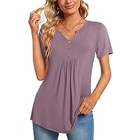 CATHY Womens Short Sleeve Tunic Tops Henley Shirt V-neck Button Up Blouse Casual Pleated Basic Pullover