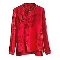 Women Blouse Silk Floral Pattern Pleated Mock Neck Long Sleeve Hand Button Retro Top 104