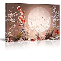 Vintage Traditional Chinese Flower Full Moon Canvas Wall Art For Bedroom,Blue Bird On Blossom Branch Decor,Exquisite Oriental Floral Landscape Painting,Bracket Fixed Ready To Hang,Inner Frame (24x36)