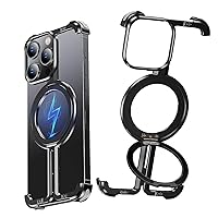 for iPhone Frameless Case with Magsafe, Magnetic Shockproof [Aerospace Grade Protection] Anti-Scratch Anti-Fingerprint Aluminum Shells with Built-in Kickstand (Black, 14 pro)