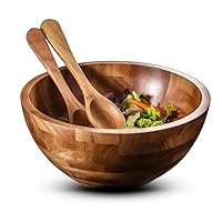 PALM NAKI Premium Acacia Wood Salad Bowl and Servers Set - 3 Piece, Sustainable & Durable - Available in Two Sizes - Elegant and Rustic Design for Home, Kitchen, and Dining (10 x 6)