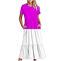 Casual Ruffle Hem A-Line Dresses Women Funny Contrast Beach Dress Summer Short Sleeve Flowy Long Dress with Pockets
