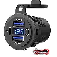 Dual USB Quick Charge 3.0 Port & PD USB C Car Charger Socket, 12V USB Outlet with Voltmeter and Power Switch for Car Boat Marine Truck