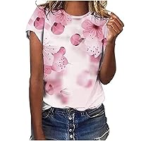Short Sleeve Shirts for Women Flower Printing Cute Tee Tops Round Neck Fashion Summer T-Shirt Blouse Workout Work Cloth
