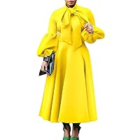 2024 Women's Bowtie Neck Lantern Sleeve Plus Size Dress Elegant Long Sleeves High Waist A-Line Big Swing Maxi Dresses