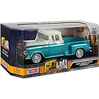 1957 Chevy 3100 Stepside Pickup Truck Lowrider Turquoise Metallic and White with White Interior Get Low Series 1/24 Diecast Model Car by Motormax 79032tur